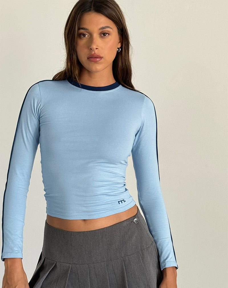 Imagen de Bonija Top de manga larga en azul Nantucket con ribete azul marino y bordado M