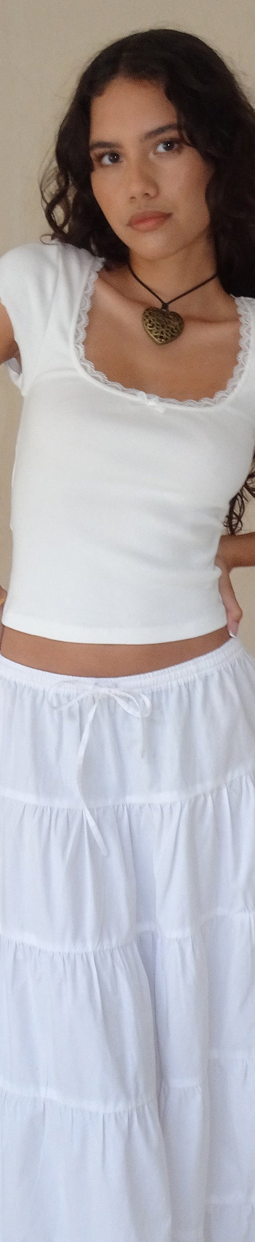 Imagen de Bovillo Lace Trim Tee in Ribbed Off White