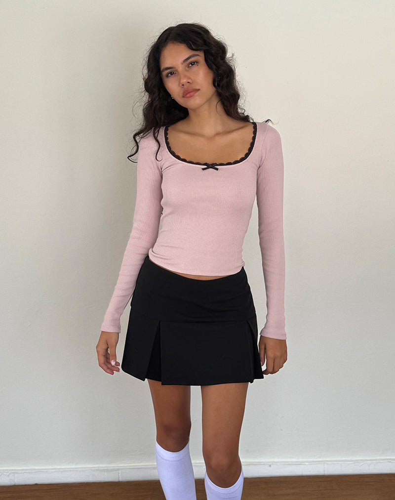 Bovita Top Acanalado de Manga Larga en Rosa Dama con Encaje Negro