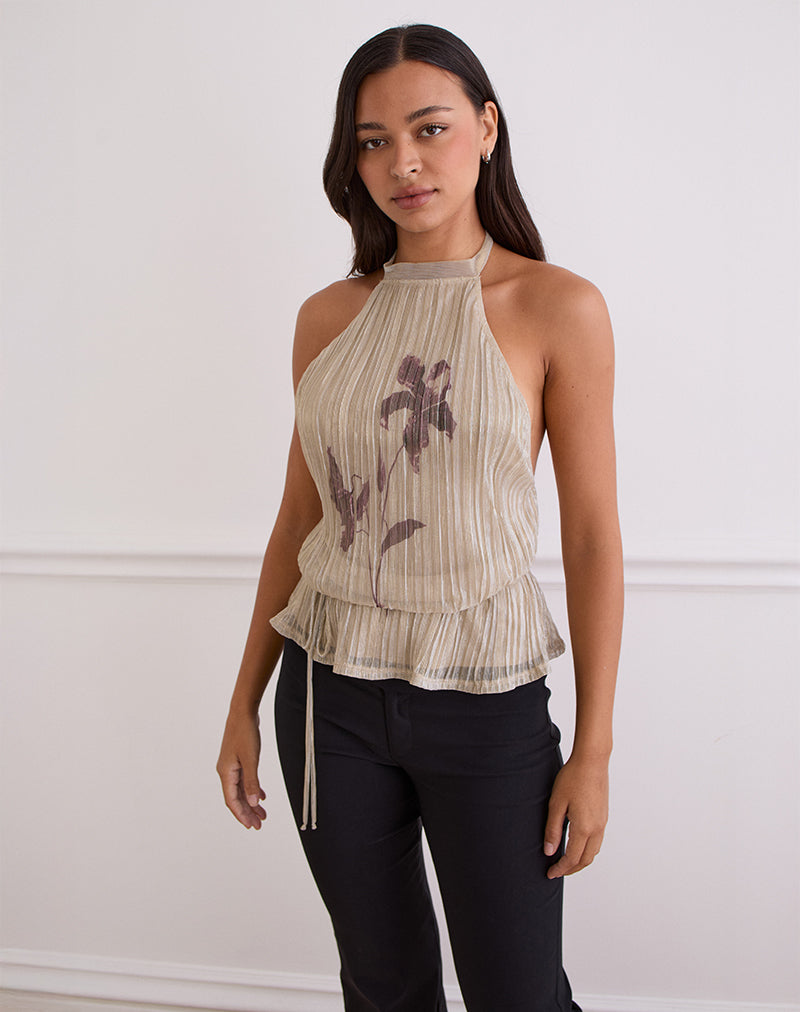 Top Brienne en dorado claro brillante con estampado floral delgado