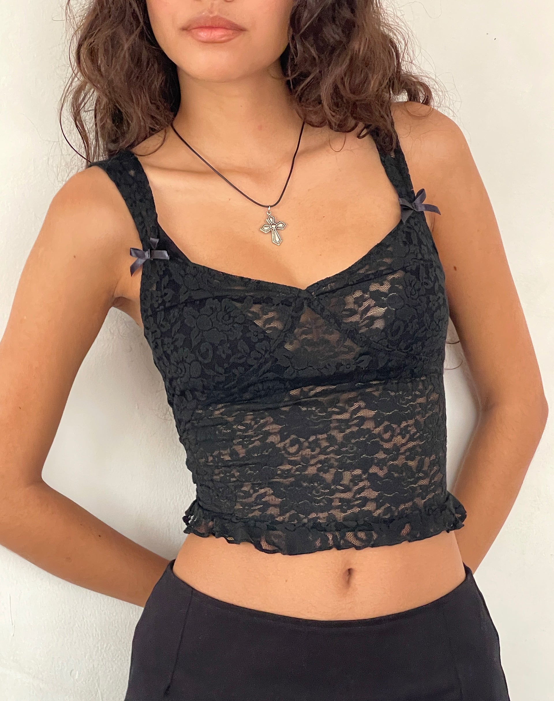 Imagen de Brietta Corset Top sin forro en encaje rosa Negro