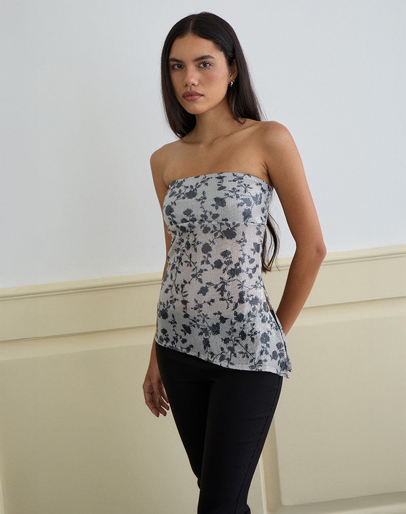 Brilia Bandeau Top Gris Flor de Lentejuelas