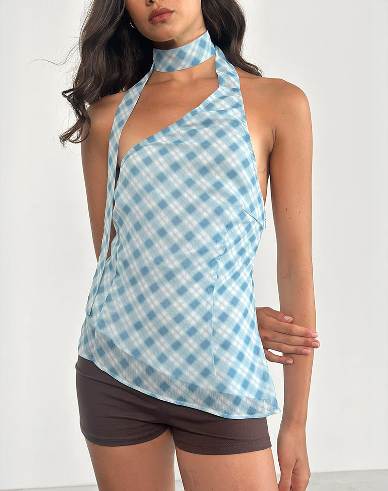 Top Briva con cuello de corbata en cuadros azules desdibujados