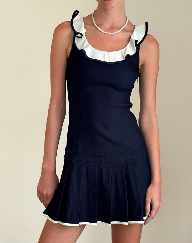 Mini Vestido Busari con Cuello de Volantes en Azul Marino
