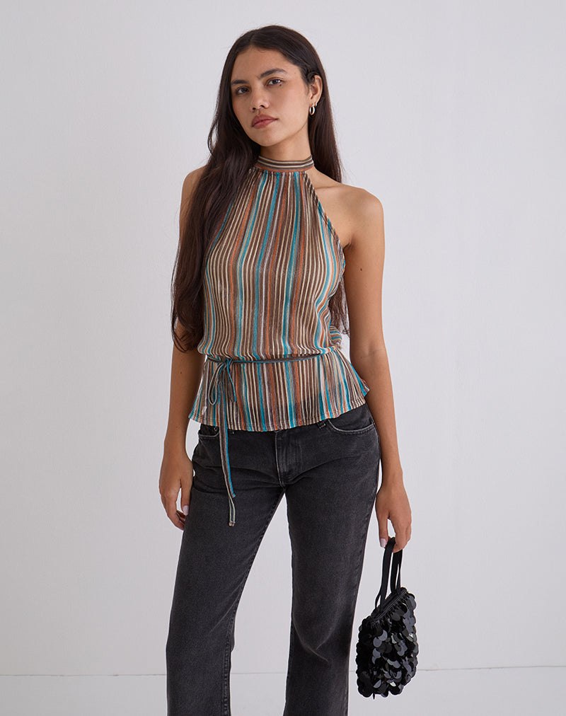 Brienne Top en Plisse Transparente Resplandor Azul y Marrón