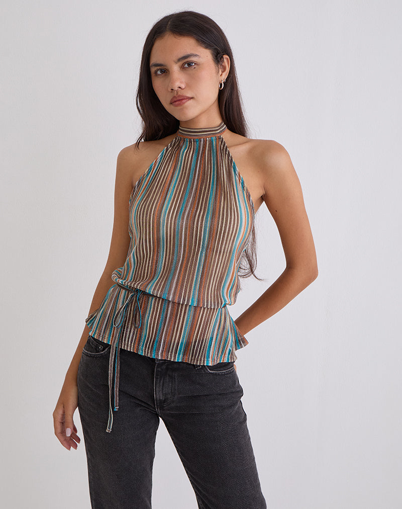 Brienne Top en Plisse Transparente Resplandor Azul y Marrón