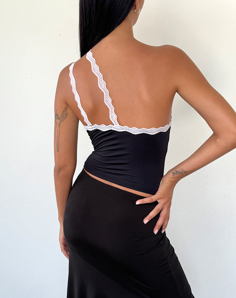 Imagen de Carolina Top de un hombro en negro con encaje rosa