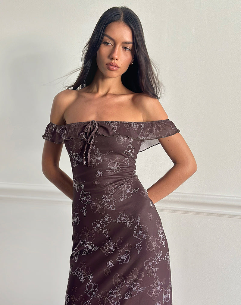Imagen de Catrin Midi Dress in Doodle Flower Flock Marrón