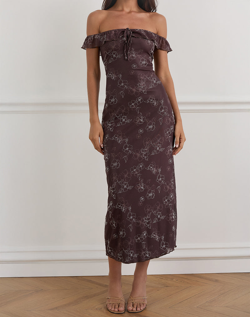 Vestido Catrin Midi en Doodle Flower Flock Marrón