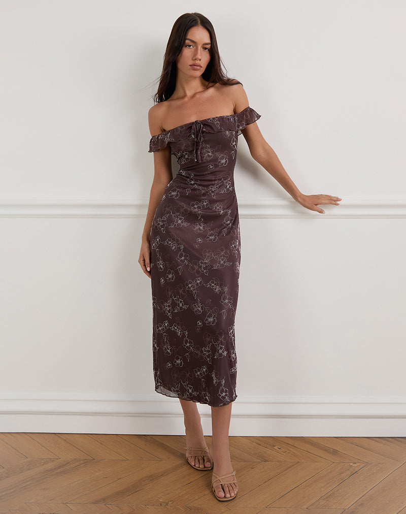 Imagen de Catrin Midi Dress in Doodle Flower Flock Marrón