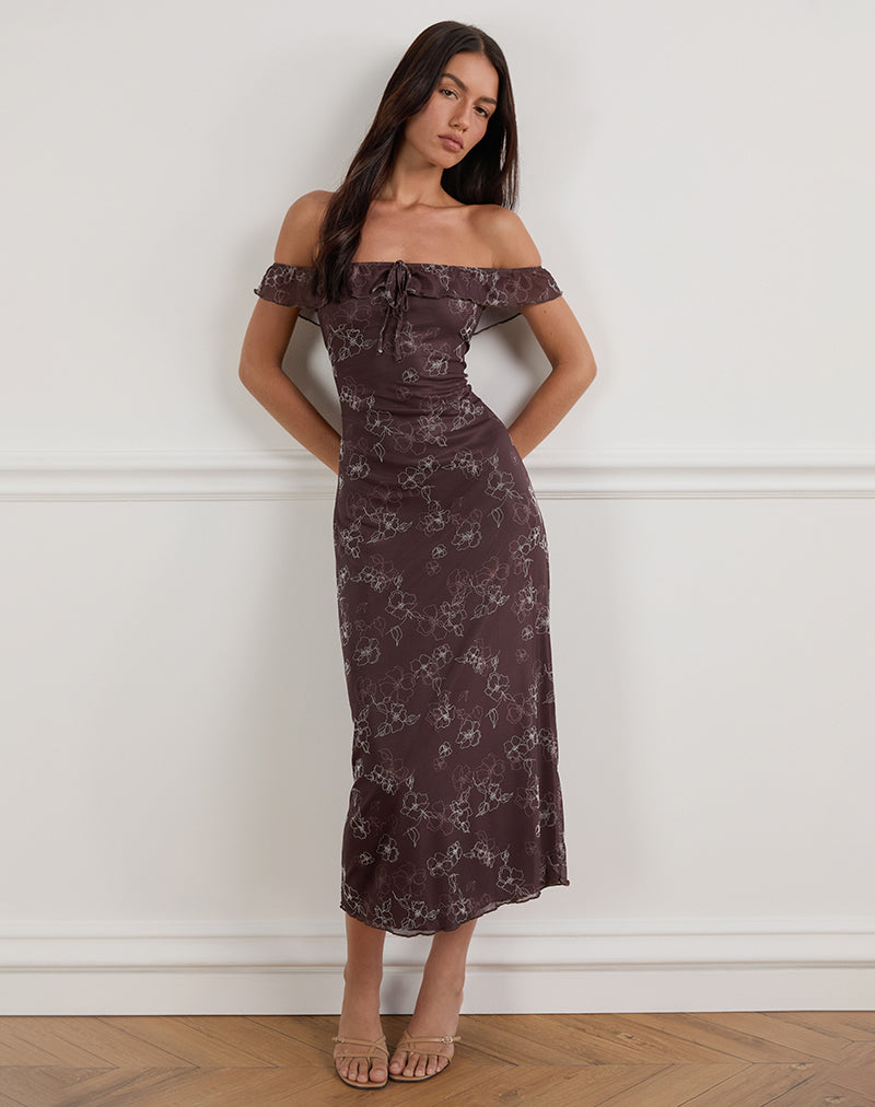 Vestido Catrin Midi en Doodle Flower Flock Marrón