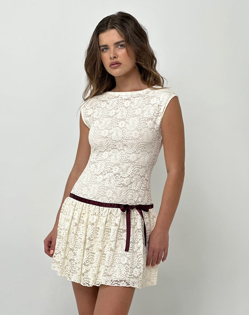 Mini Vestido Cersei en Encaje Paisely Marfil