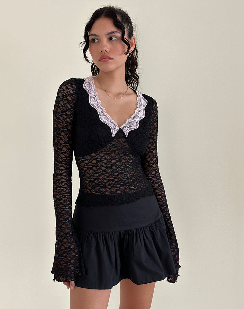 Top de encaje Chantal negro con ribete rosa