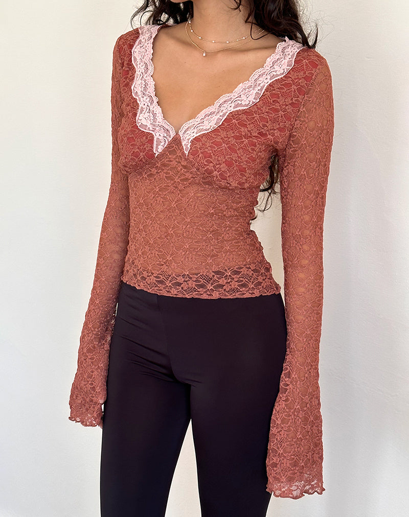Top de encaje de manga larga Chantal en rosa marchito