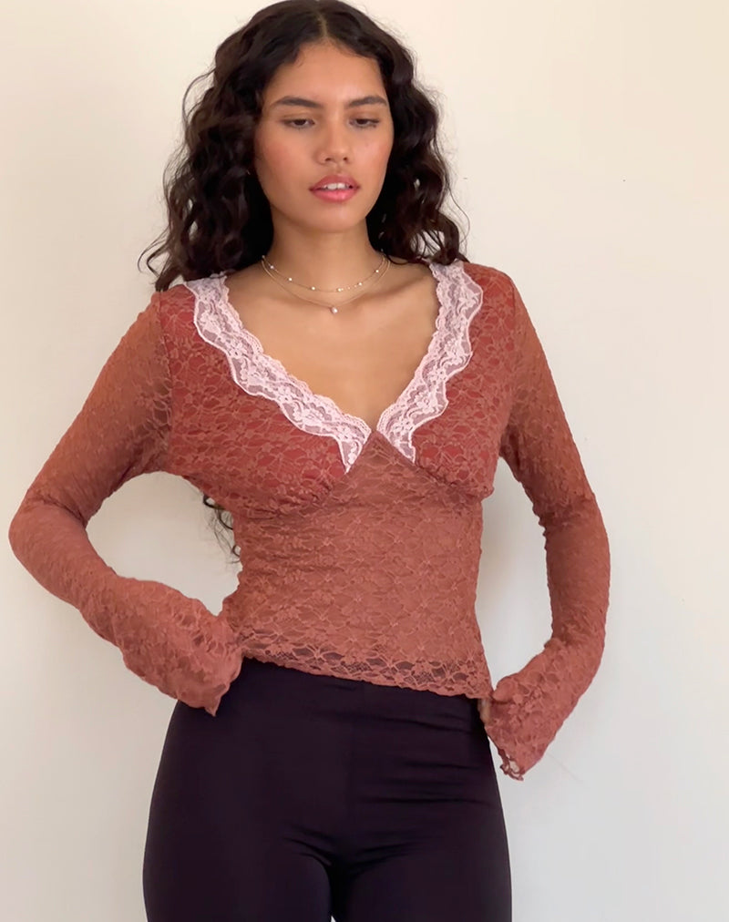 Top de encaje de manga larga Chantal en rosa marchito