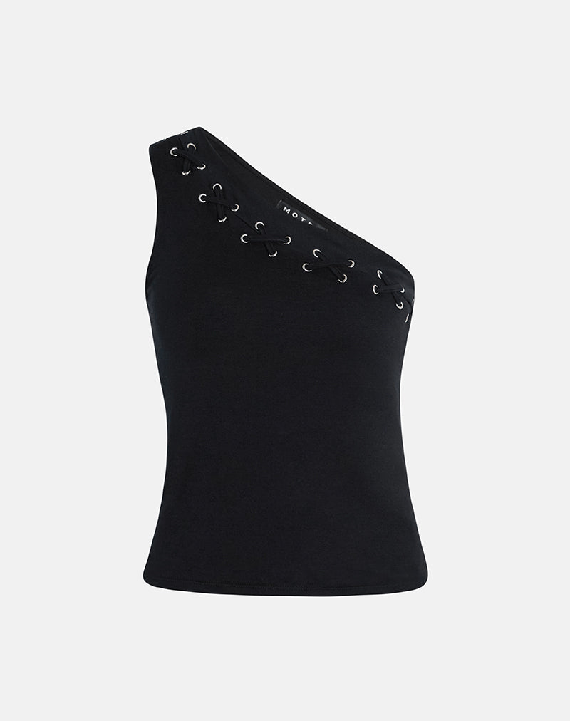Imagen de Chivago Cross Lace Up One Shoulder Top in Jersey Negro