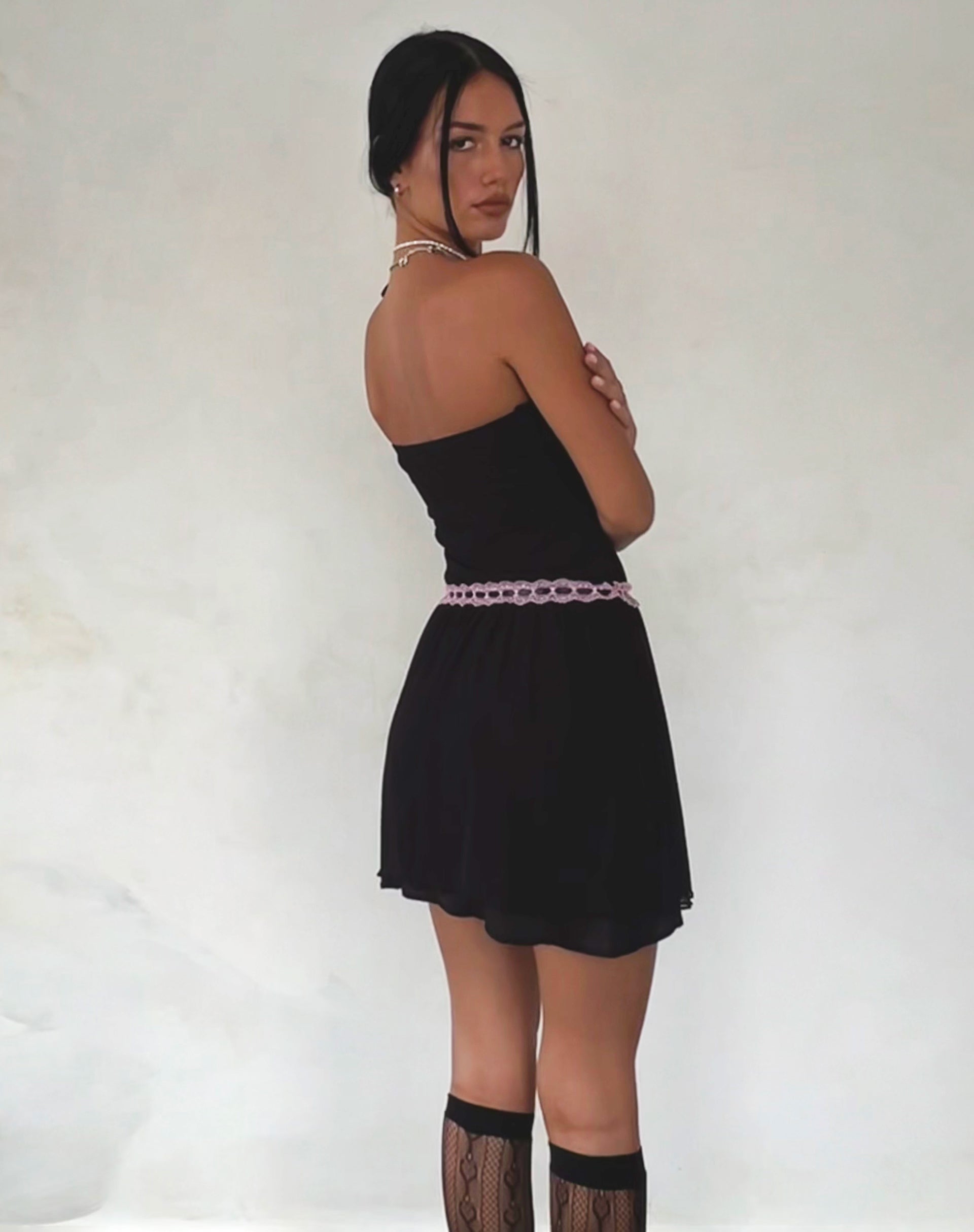 Imagen de Cleodora Bandeau Mesh Mini Dress in Black with Pink Waistband