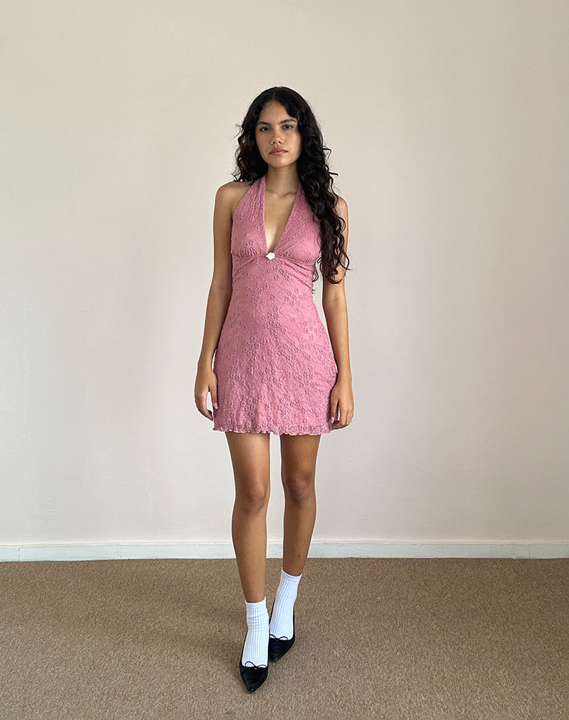 Imagen de Codami Mini Vestido de Encaje con Cuello Halterno Rosa Polvo