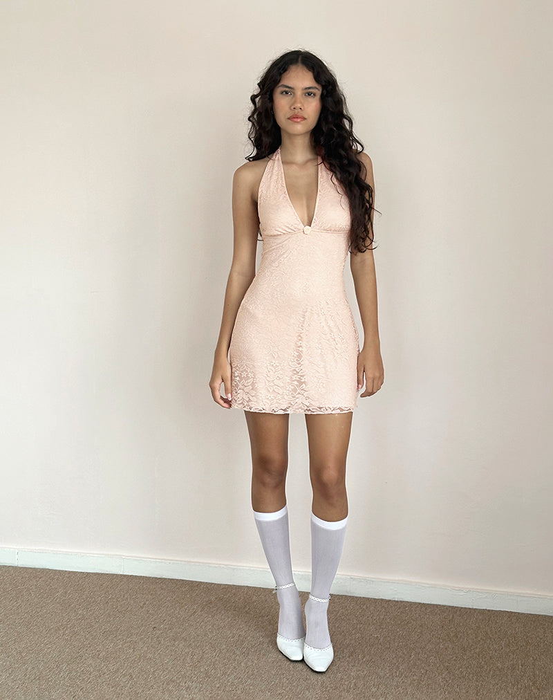 Imagen de Codami Mini Vestido de Encaje Rosa Loto con Cuello Halterno