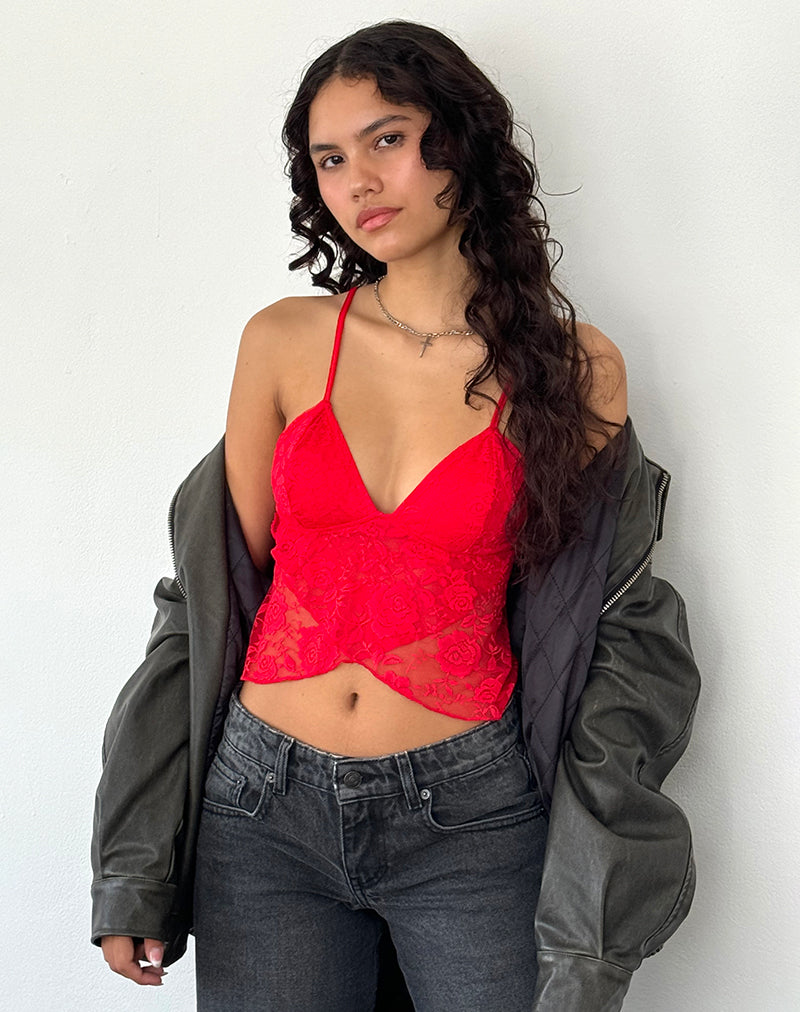 Top Mariposa de Encaje Cojira en Rojo Rosa Grande