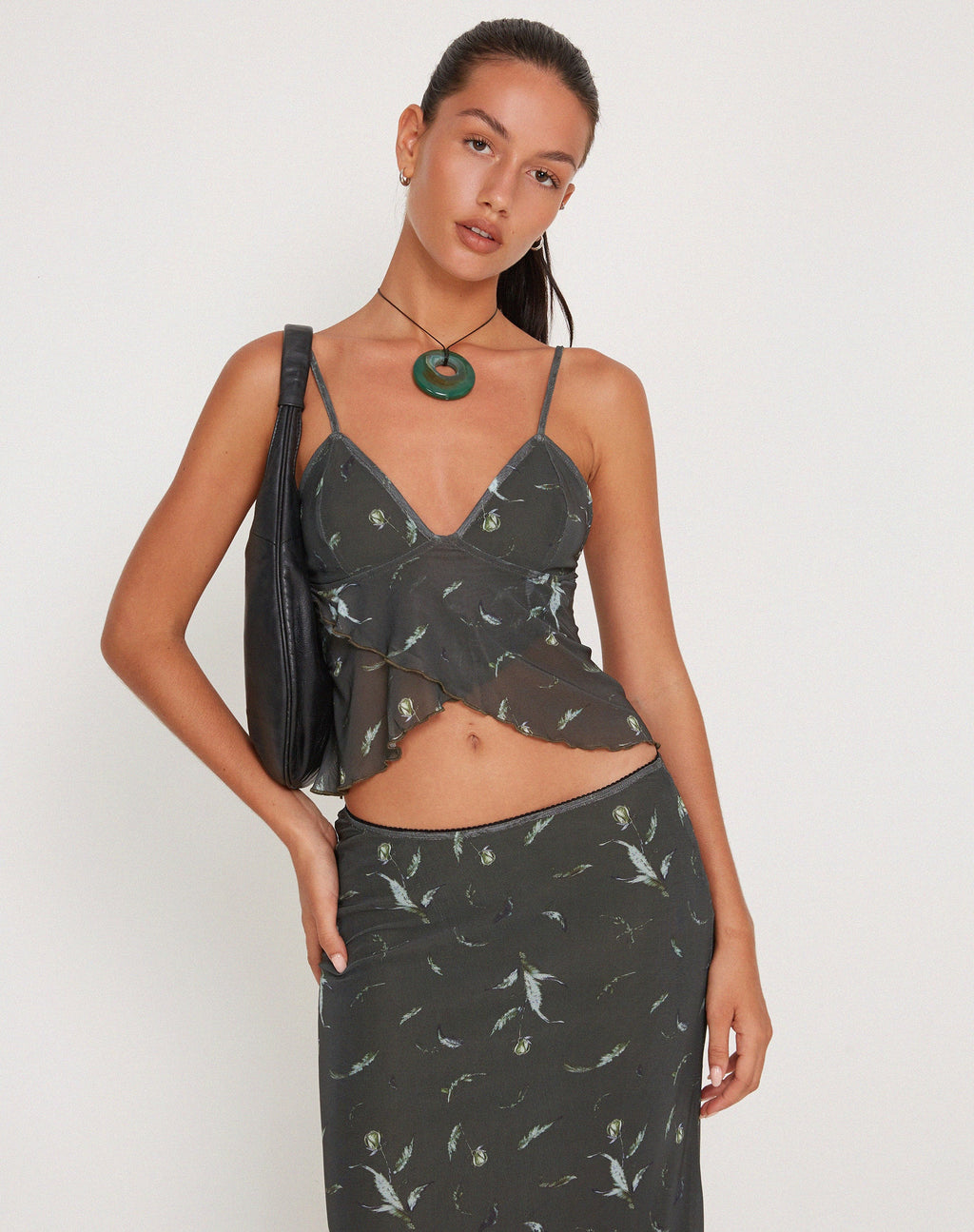 Cojira Mesh Butterfly Top en Silueta Floral Caqui