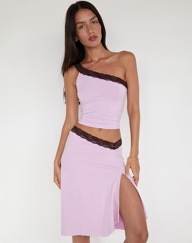 Imagen de Laudine Falda midi en lavanda con encaje chocolate amargo