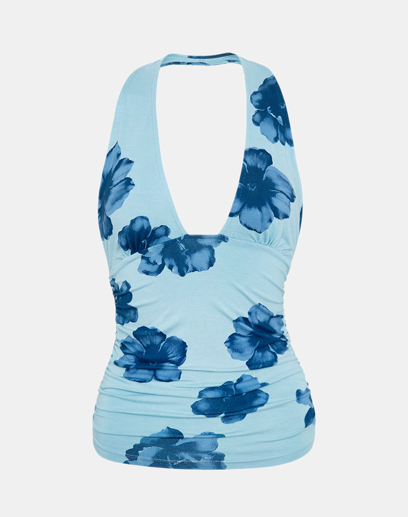 Top Cosimo de cuello redondo en azul floral intenso