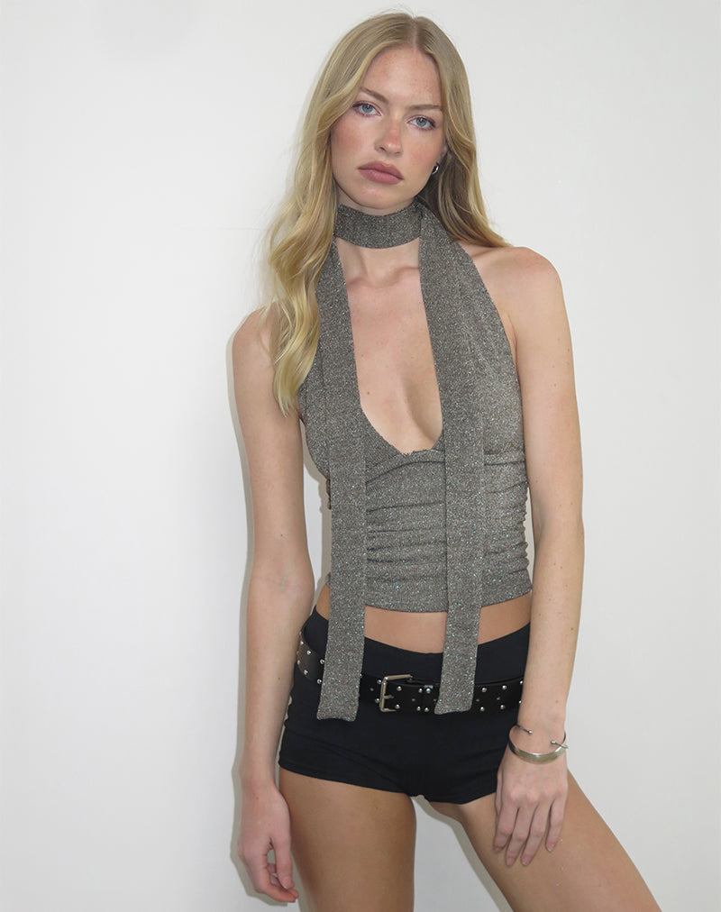 Imagen de Cosimo Top con cuello halter y pañuelo de punto con purpurina Caqui