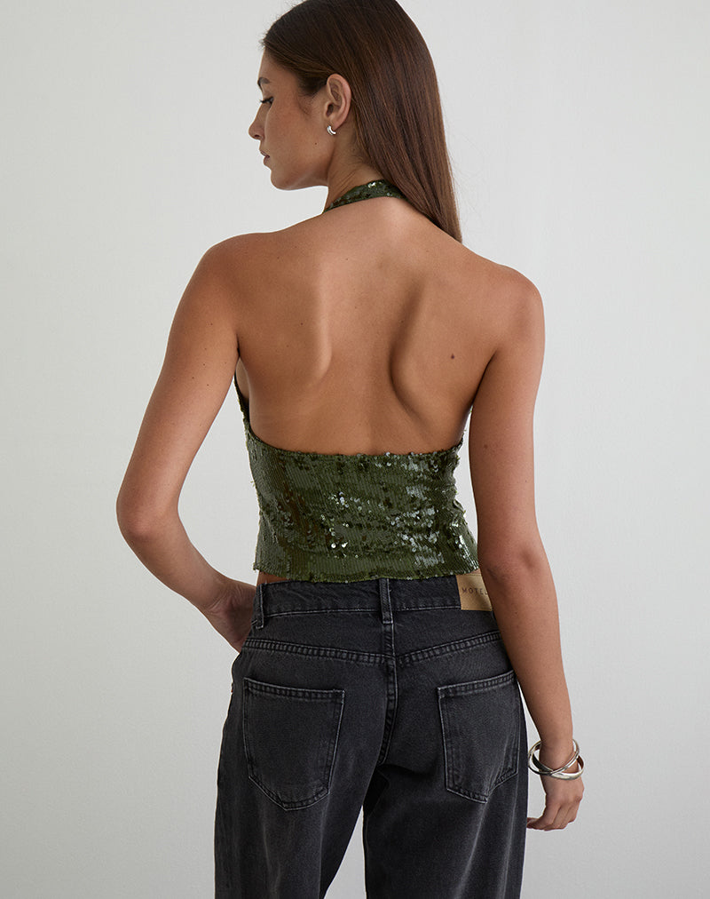 Image of Cosio Halter Top in Mix Sequin Khaki