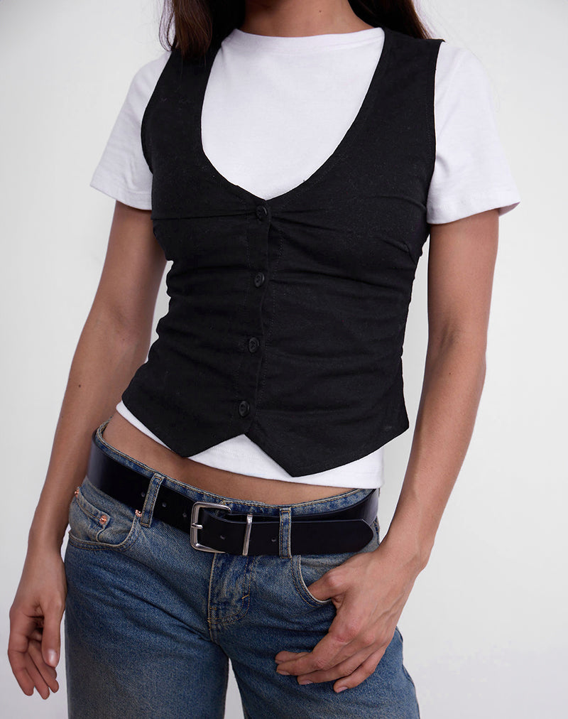 Imagen de Cyna Chaleco con botones en lino negro