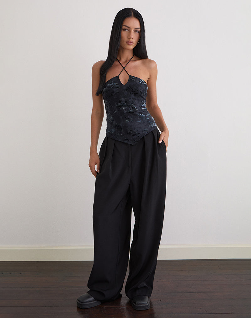 Daiki Top de cuello redondo en terciopelo azul oscuro