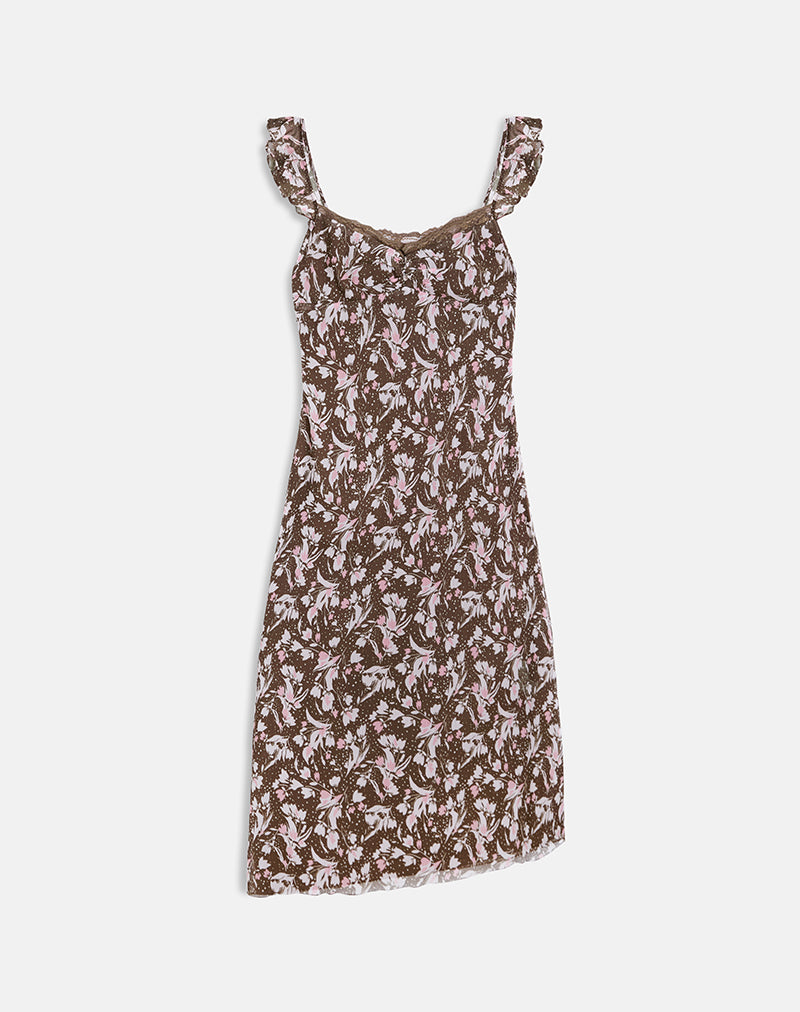Imagen de Daita Vestido midi de gasa marrón y rosa de flores de polca