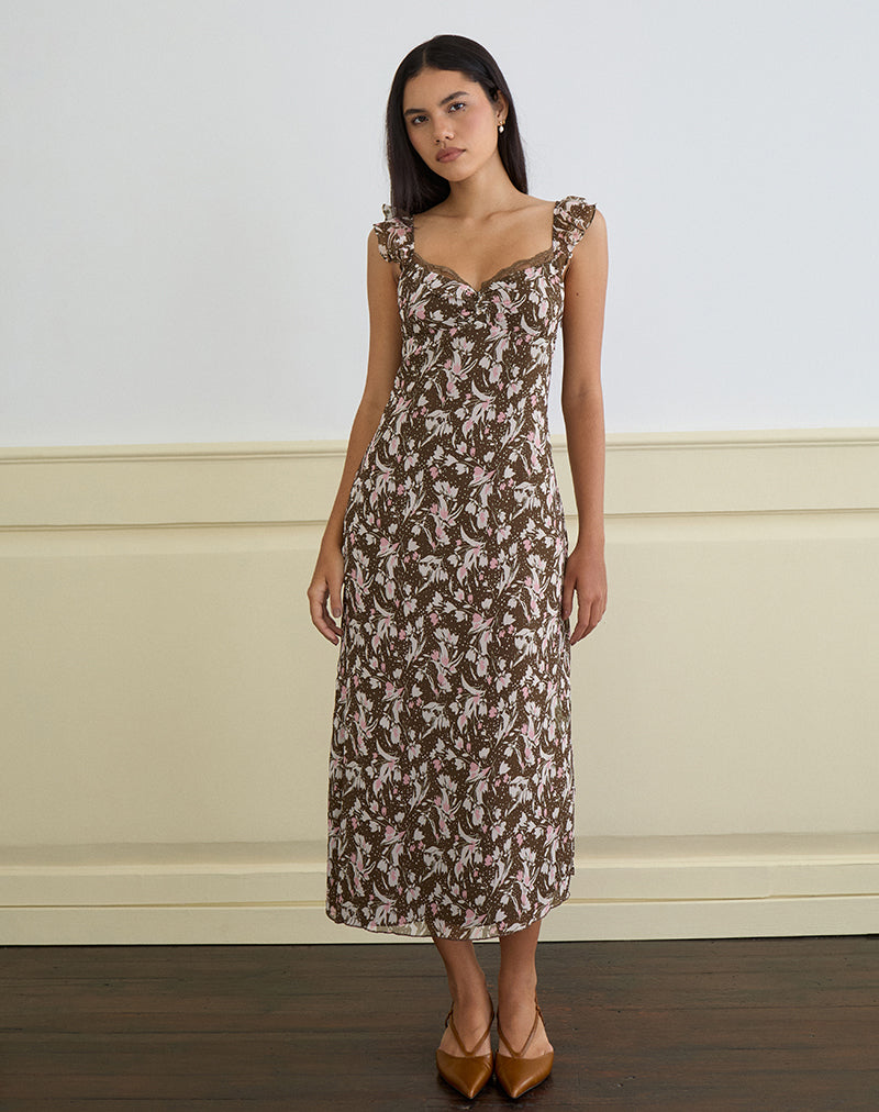 Imagen de Daita Vestido midi de gasa marrón y rosa de flores de polca