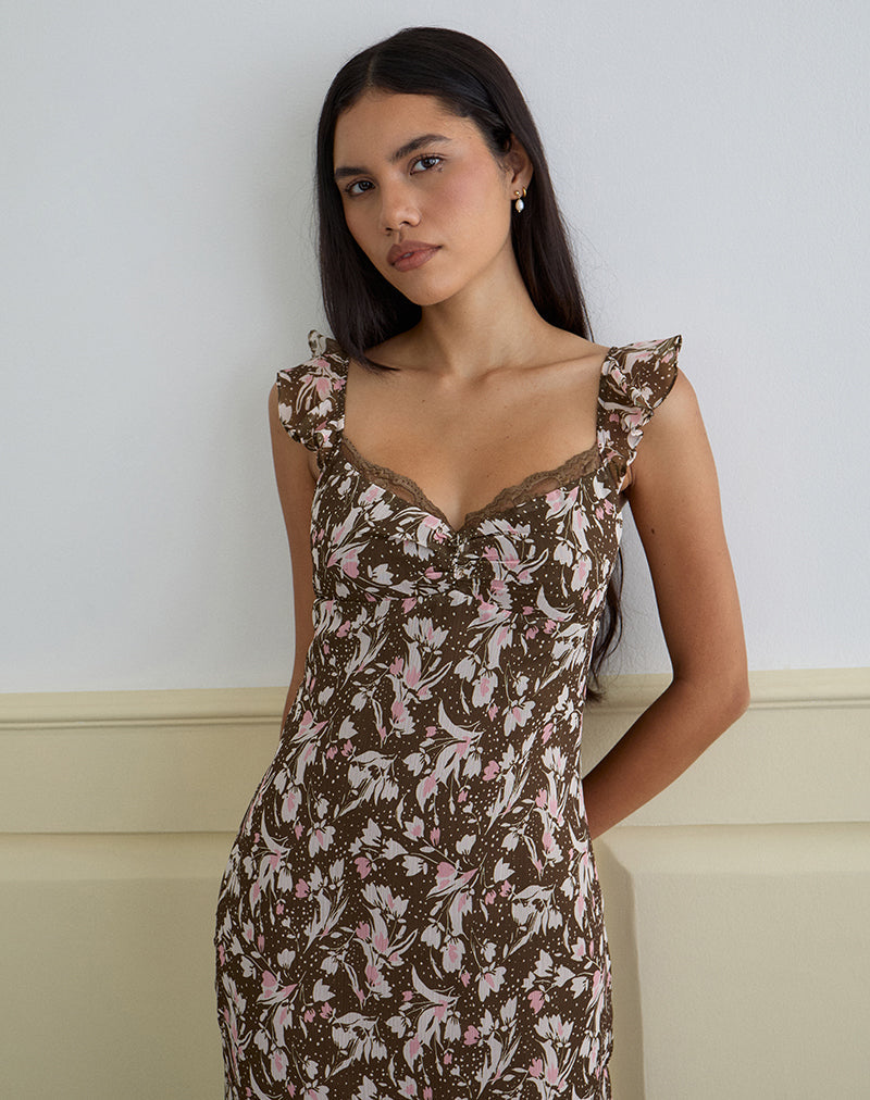 Vestido Daita Midi de gasa marrón y rosa con flores de polca