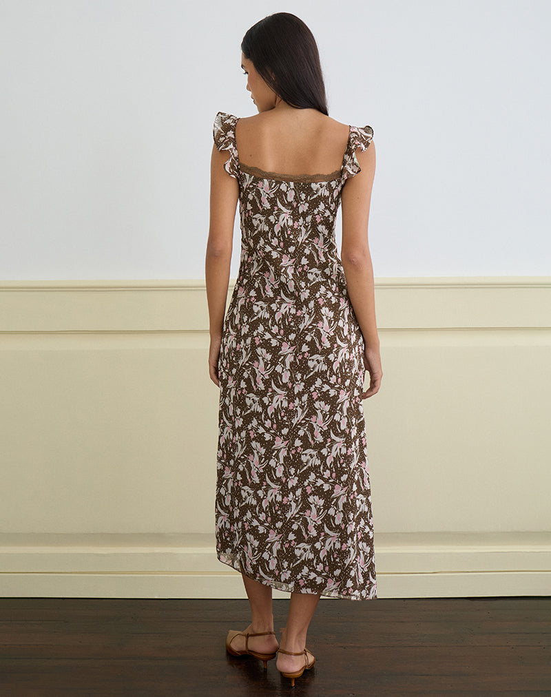Imagen de Daita Vestido midi de gasa marrón y rosa de flores de polca