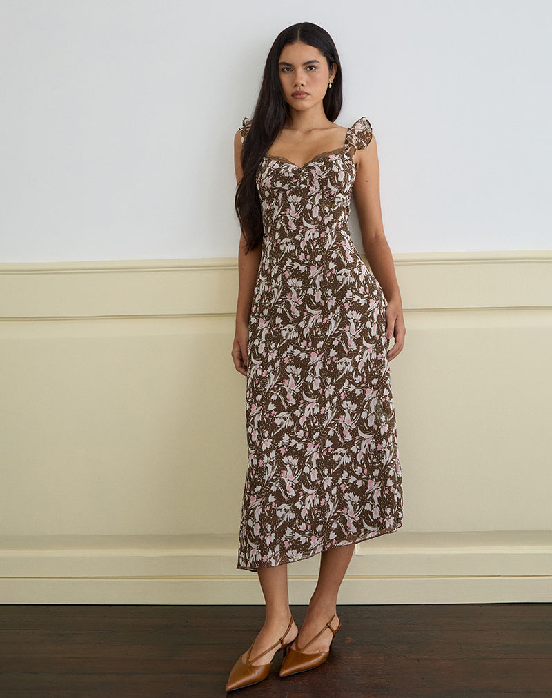 Vestido Daita Midi de gasa marrón y rosa con flores de polca