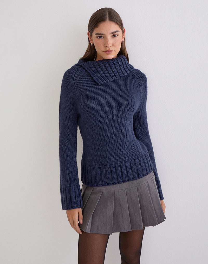 Image of Dajah Fold Over Jumper in Knit Navy