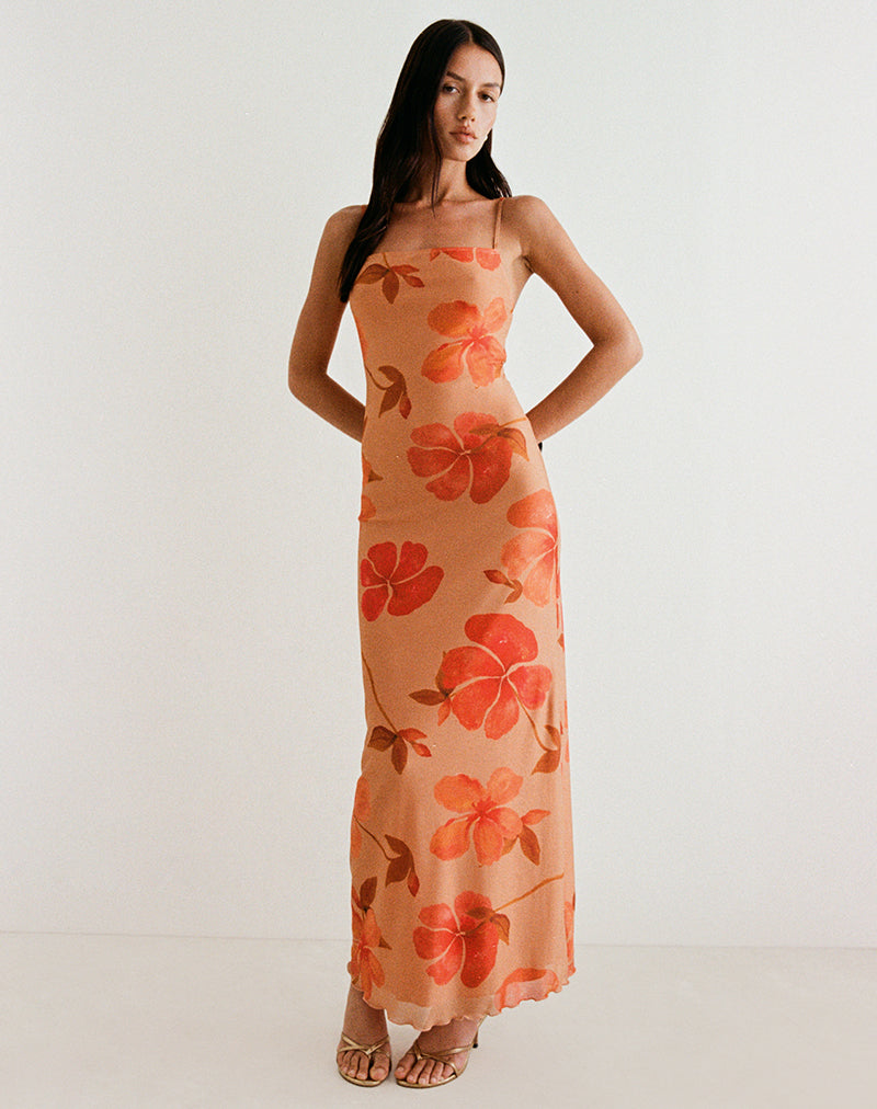 Maxi Vestido Dalesio en Naranja Hibiscus Acuarela