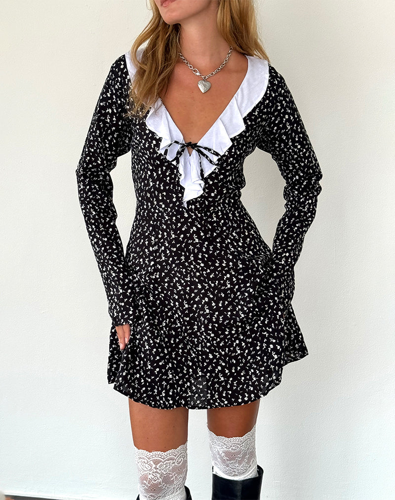 Mini Vestido de Manga Larga Darira en Negro Ditsy Romance