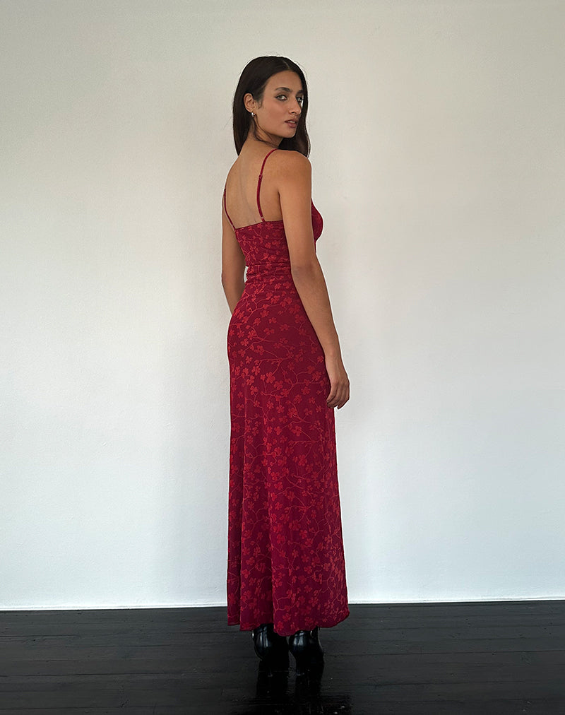 Darsih Cami Maxi Vestido Rojo Grunge Floral Flock