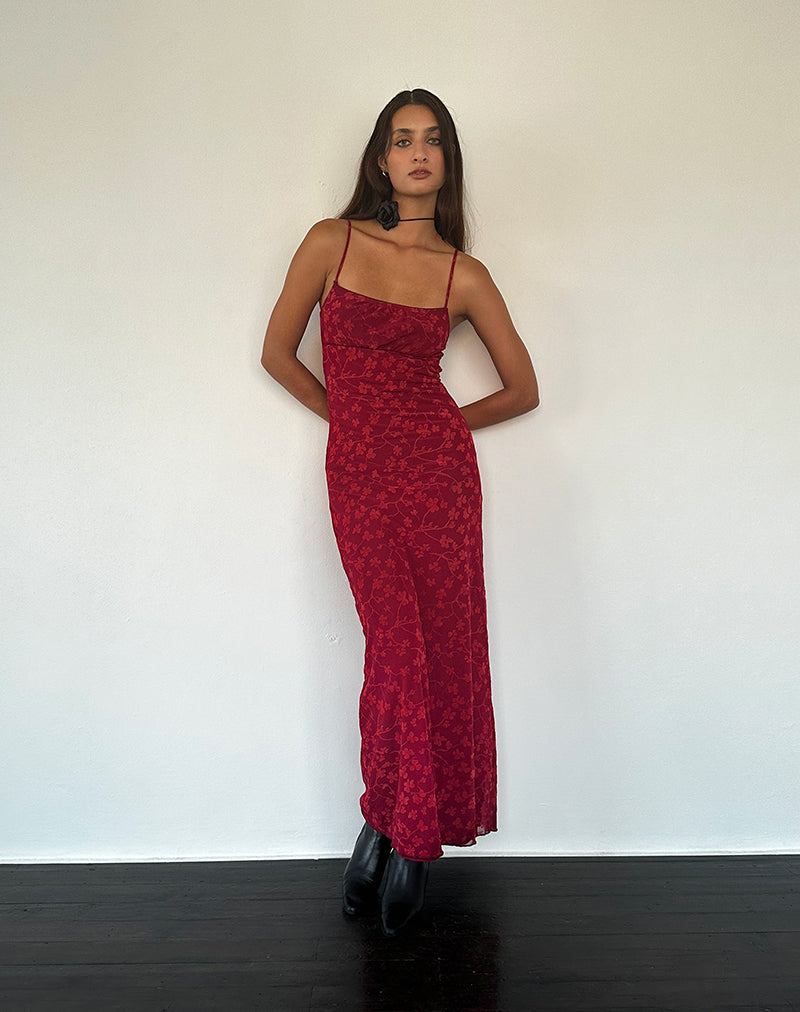 Darsih Cami Maxi Vestido Rojo Grunge Floral Flock