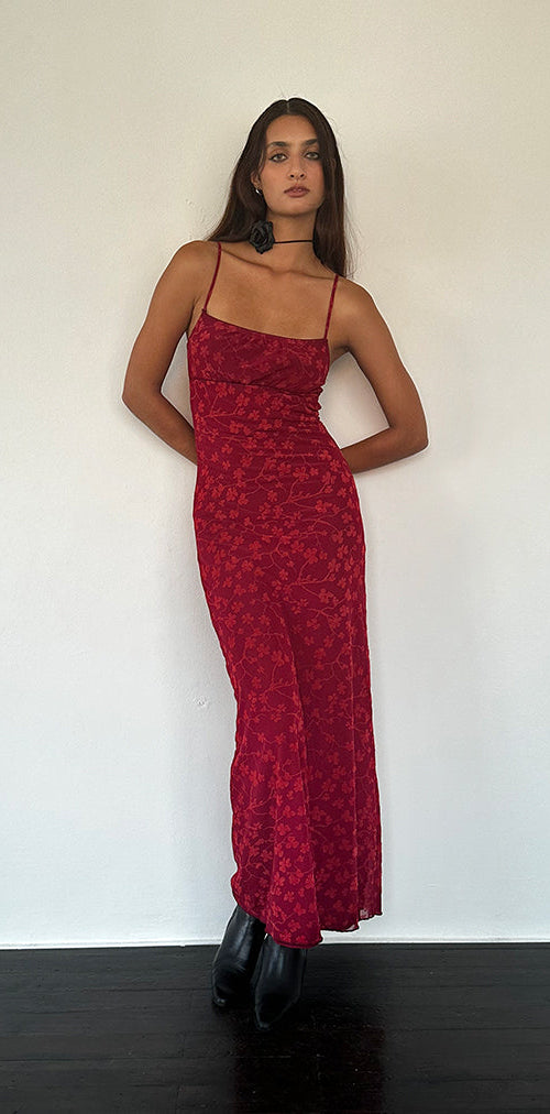 Imagen de Darsih Cami Maxi Dress Red Grunge Floral Flock