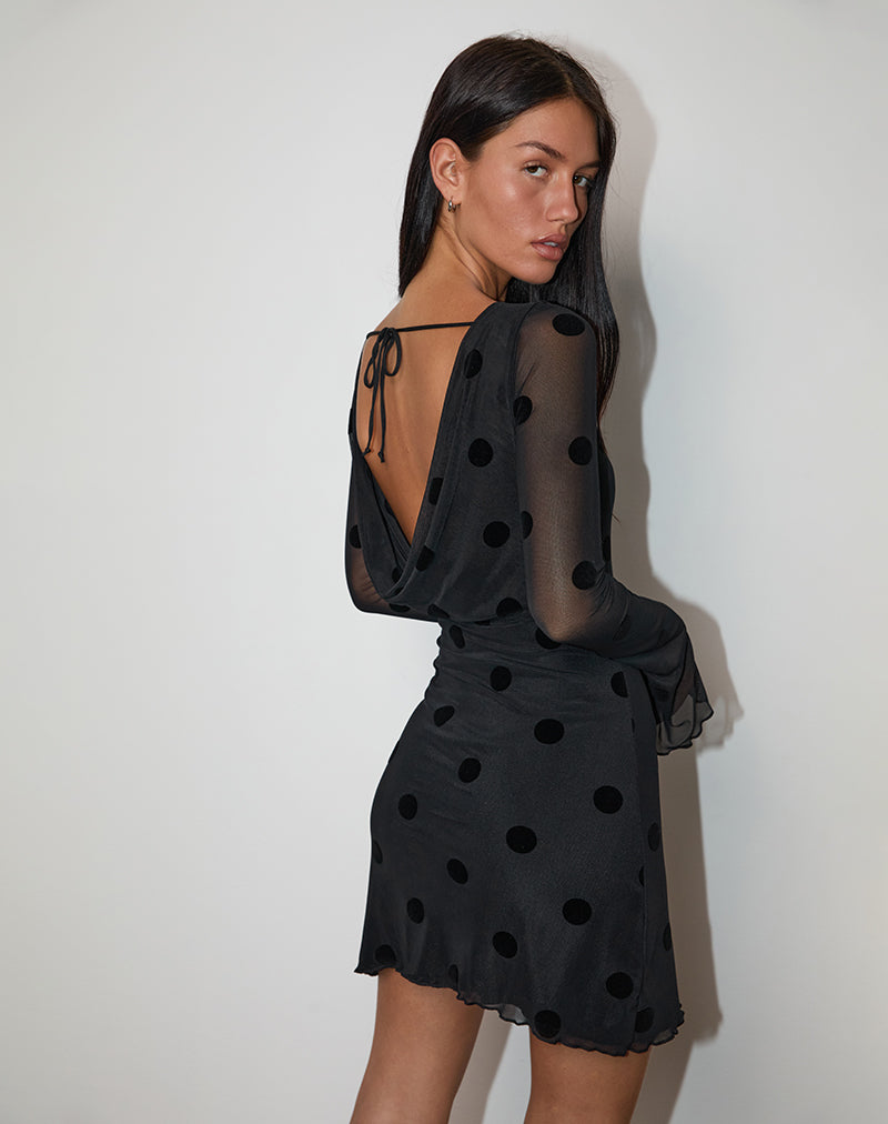 Minivestido Dasa de manga larga en Big Polka Flock Negro