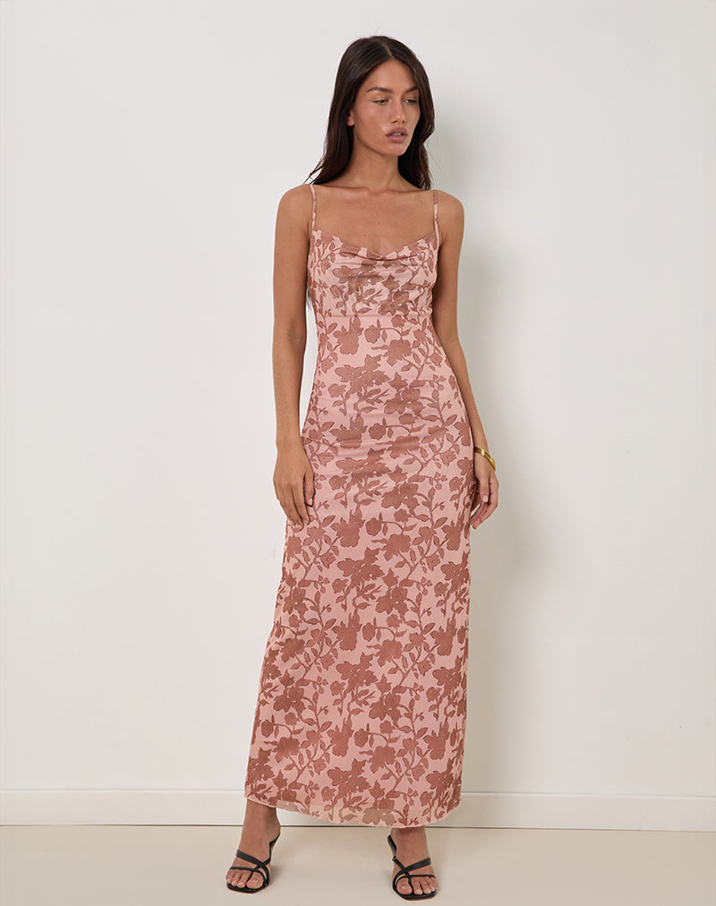 Imagen de Dasita Maxi Vestido con Cuello de Vaca en Estampado de Flores Neutro