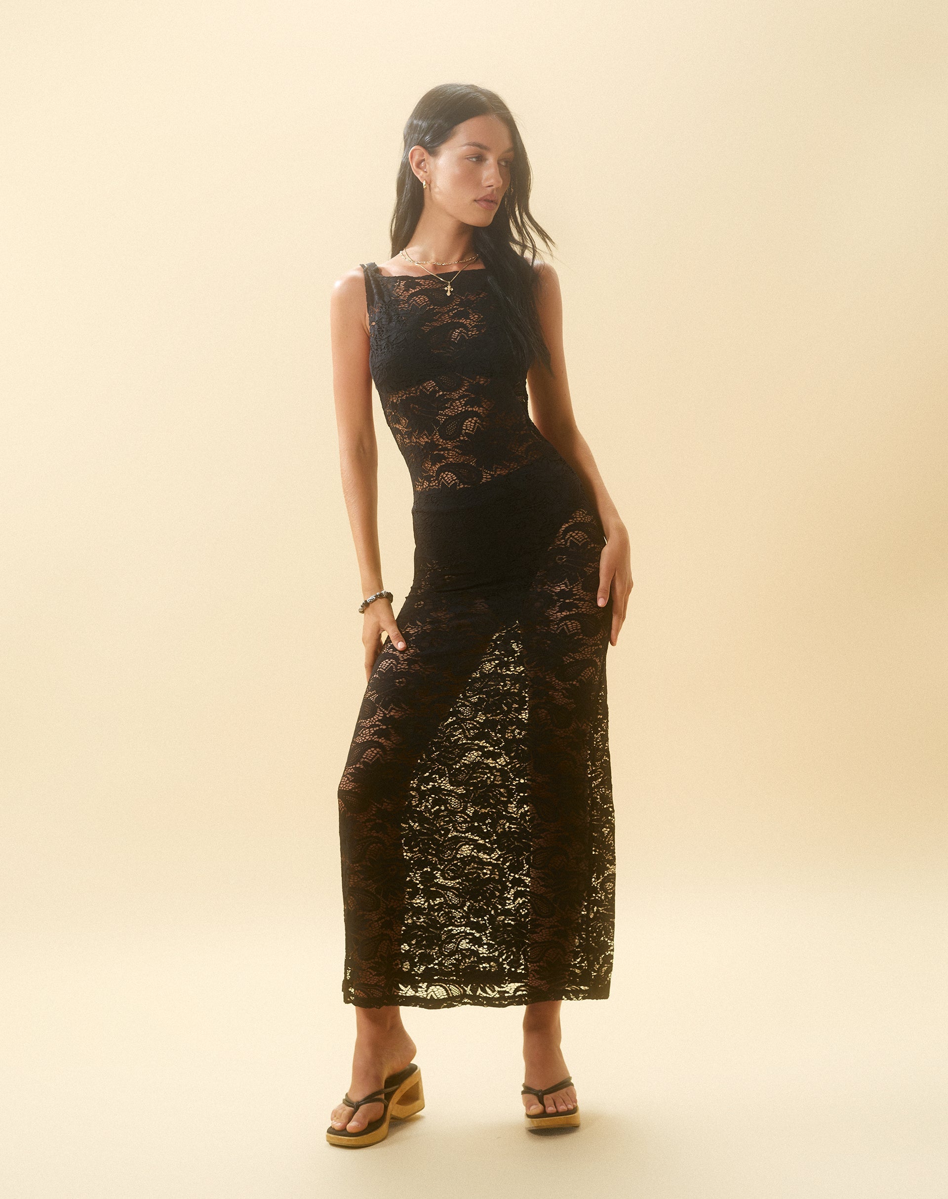 imagen pf Daudy Tie Back Lace Maxi Dress in Jet Black Lace