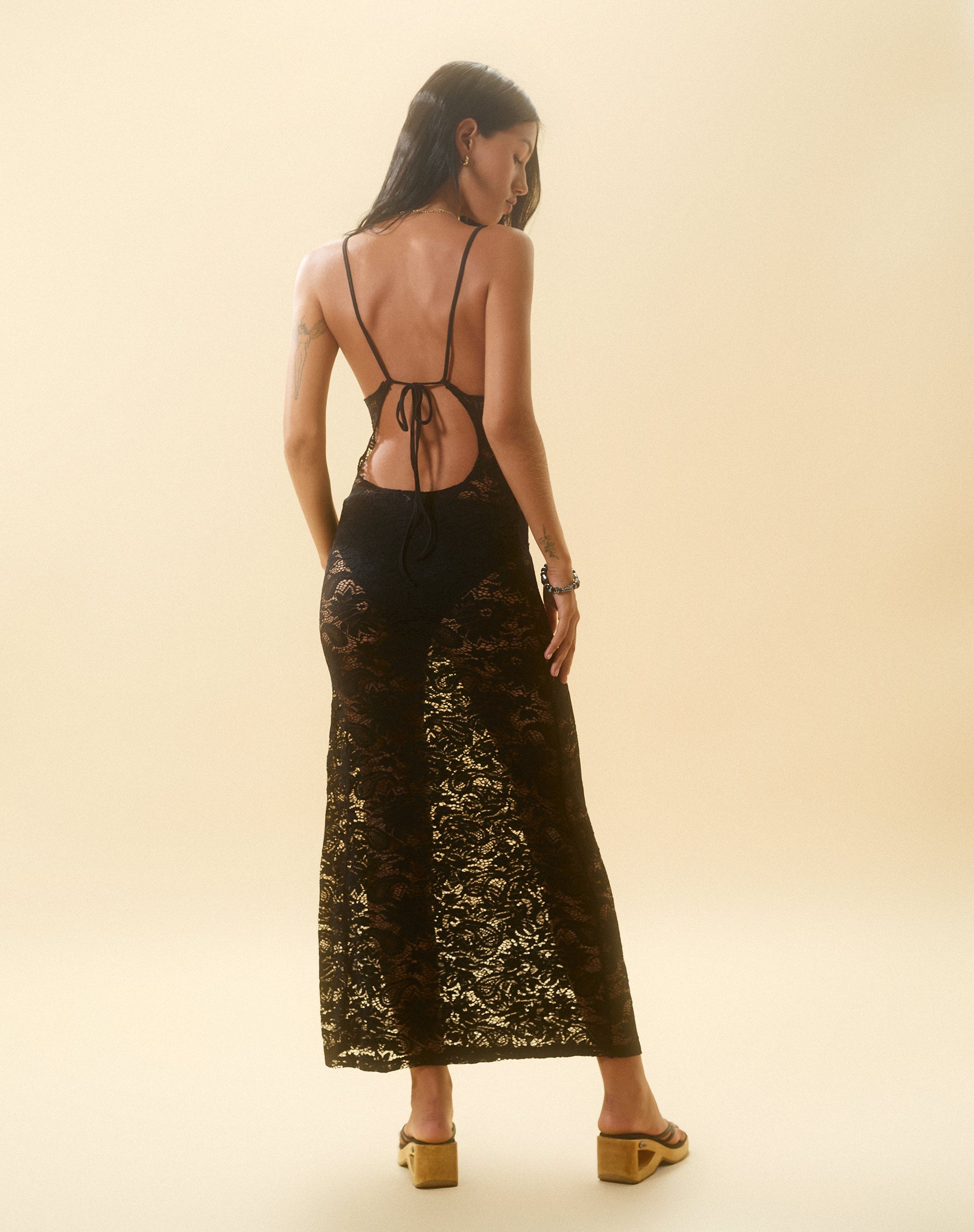 imagen pf Daudy Tie Back Lace Maxi Dress in Jet Black Lace