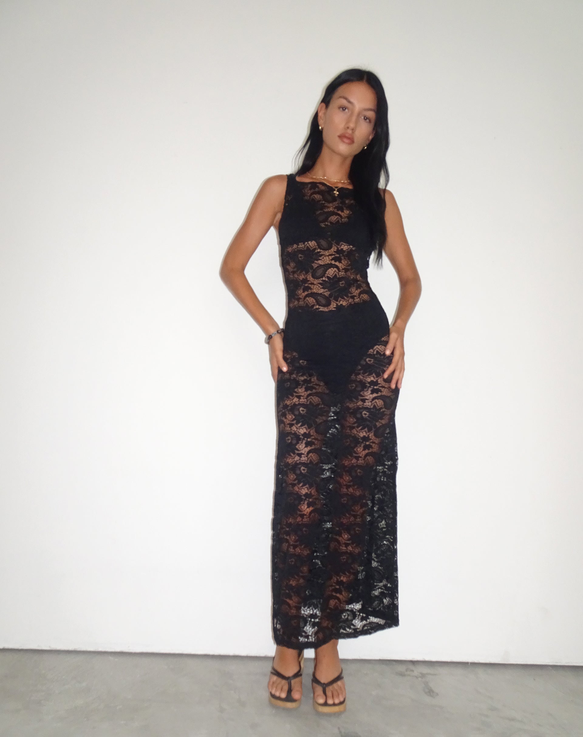 imagen pf Daudy Tie Back Lace Maxi Dress in Jet Black Lace