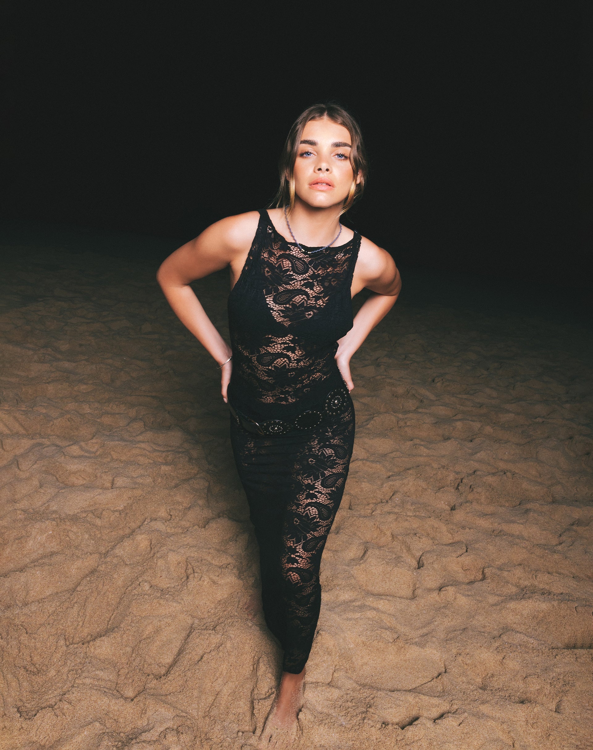 imagen pf Daudy Tie Back Lace Maxi Dress in Jet Black Lace