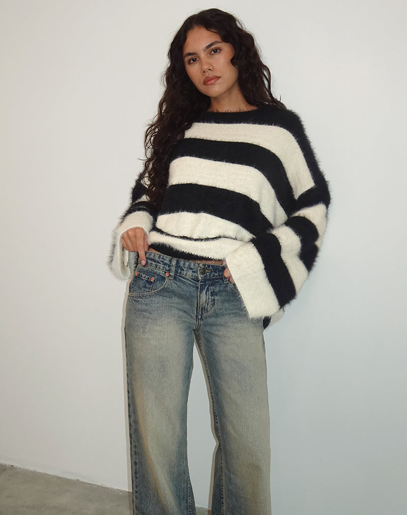 Imagen de Daya Fluffy Jumper in Ivory and Black Stripe