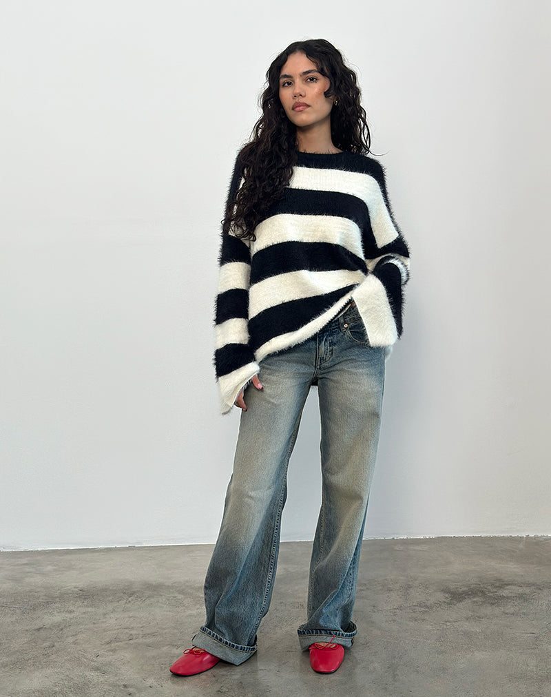 Imagen de Daya Fluffy Jumper in Ivory and Black Stripe